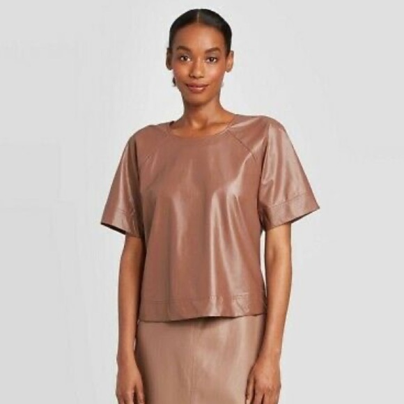 Prologue Women's Short Sleeve Vinyl Faux Leather Blouse Brown Size Large - Picture 1 of 6